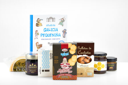 Lote de productos gallegos Carabuñas con libro Galicia pequeniña.